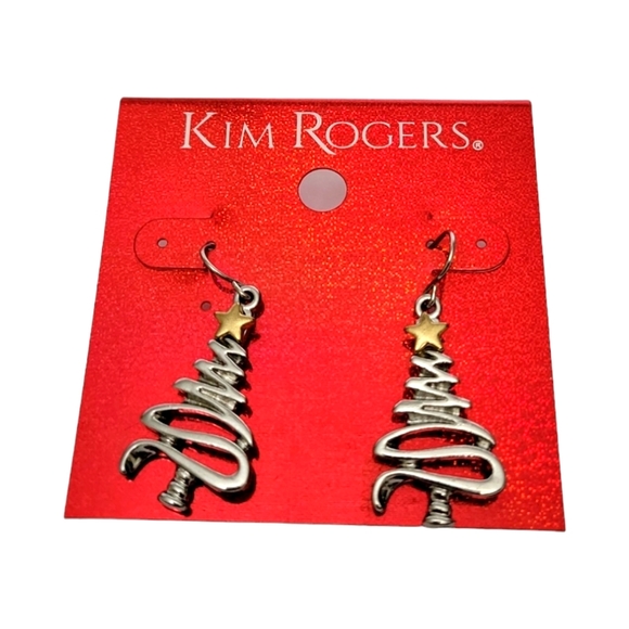 Vintage Kim Rogers Christmas Tree Silvertone Earring French Hook With Gold Star - Picture 1 of 3